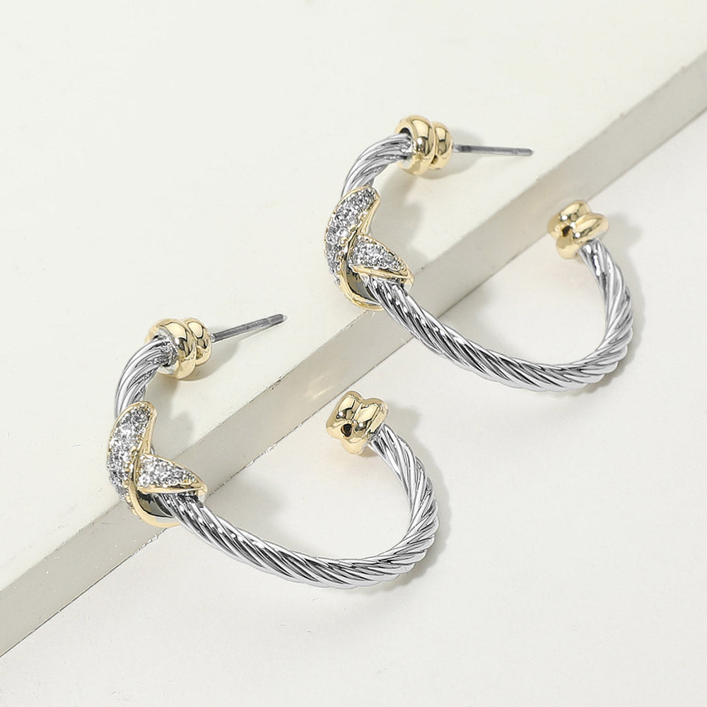 14K Gold Plated CZ Pave Crisscross Accent Twisted Cable Hoop Earrings