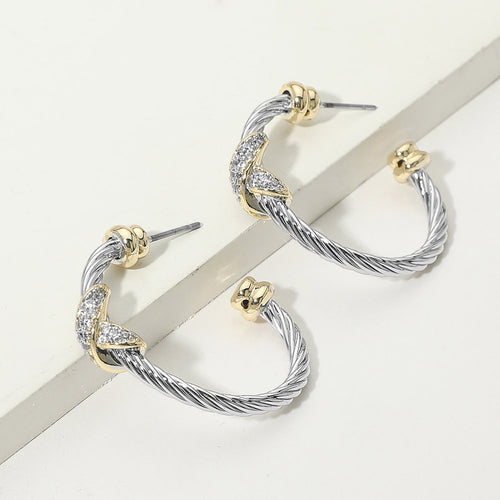 14K Gold Plated CZ Pave Crisscross Accent Twisted Cable Hoop Earrings