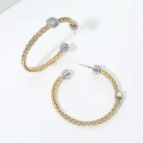 14K Gold Plated Two Tone CZ Pave Square Frame Accent Braided Hoop Earrings