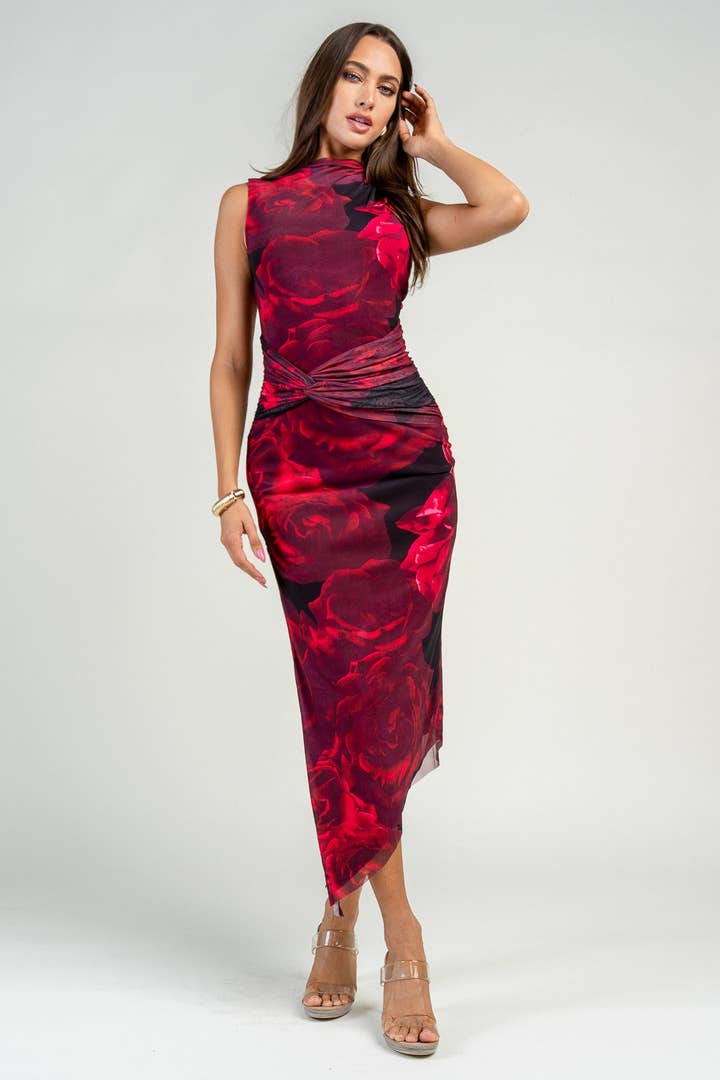 Cabo Floral Ruched Mesh Midi Dress - Black Red - view 1