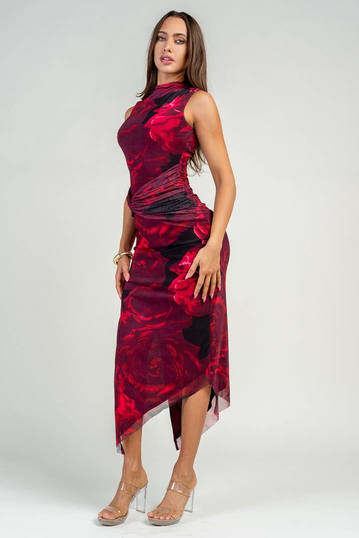Cabo Floral Ruched Mesh Midi Dress - Black Red - view 2
