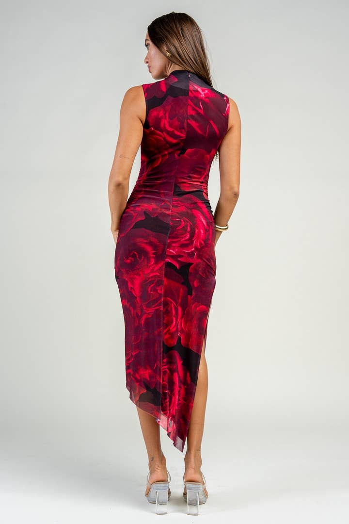 Cabo Floral Ruched Mesh Midi Dress - Black Red - view 3
