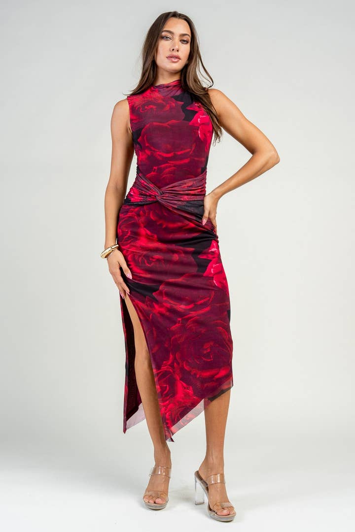 Cabo Floral Ruched Mesh Midi Dress - Black Red - view 4