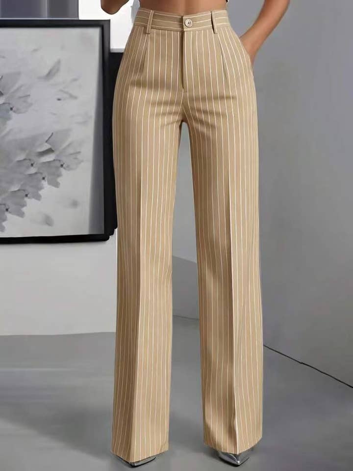 Striped High Waist Wide Leg Pants - Khaki - view 2