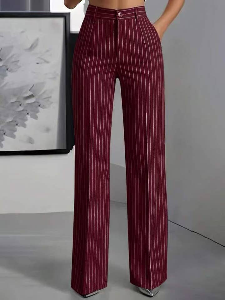 Striped High Waist Wide Leg Pants - Red - view 2