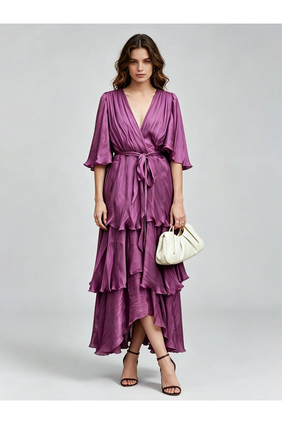 Deep V Neck Spliced Ruffles Tunic Designer Dress
