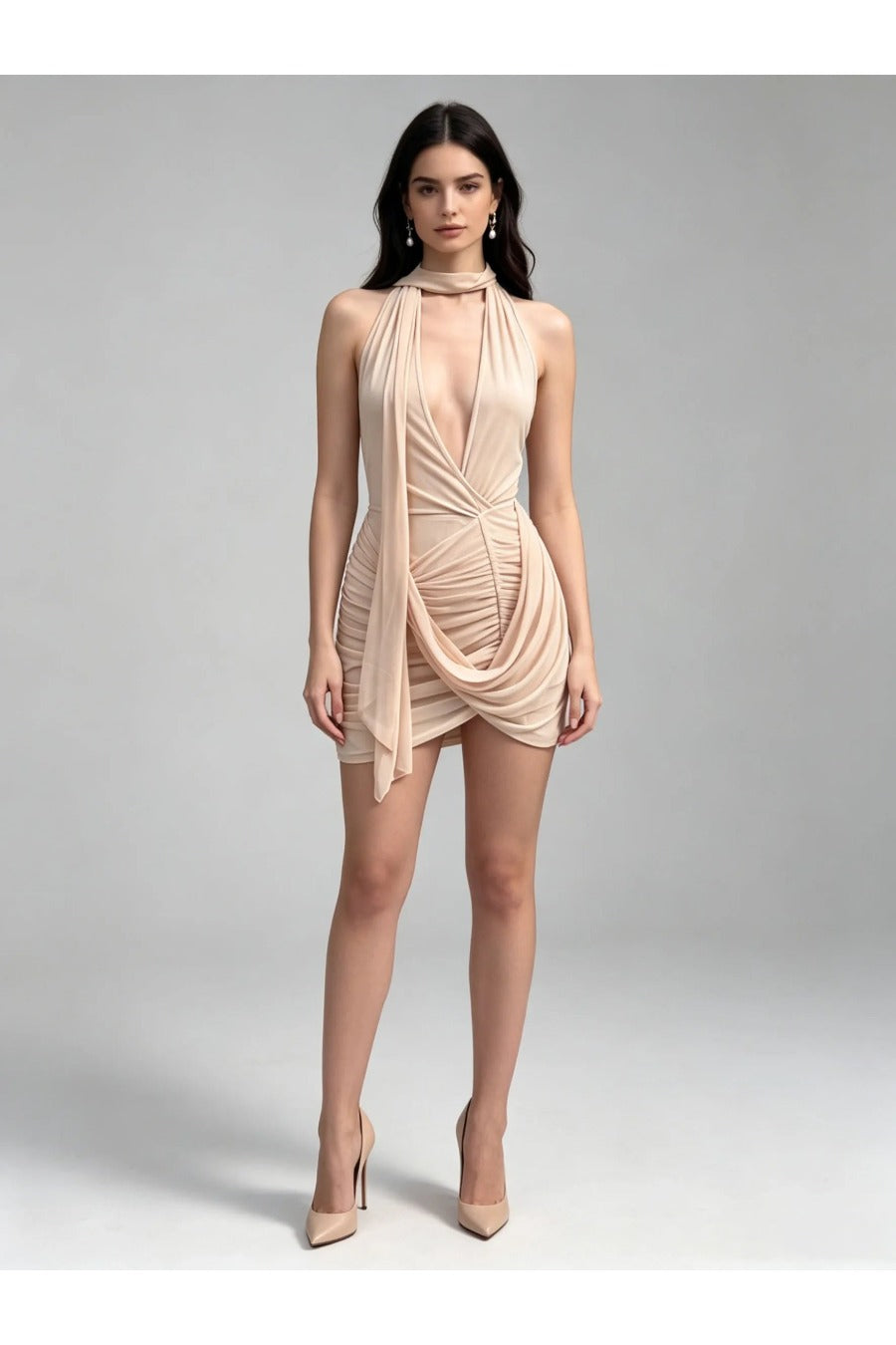 Deep V Neck Tunic Pleated Fashion Dress