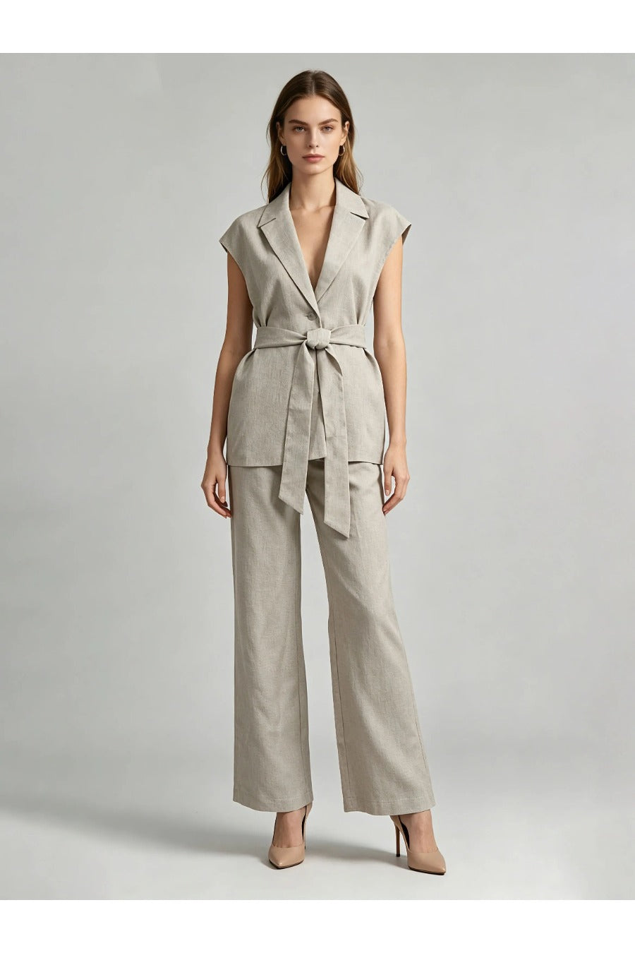 Lapel Sleeveless Patchwork Lace Up Loose Pants Fashion Set