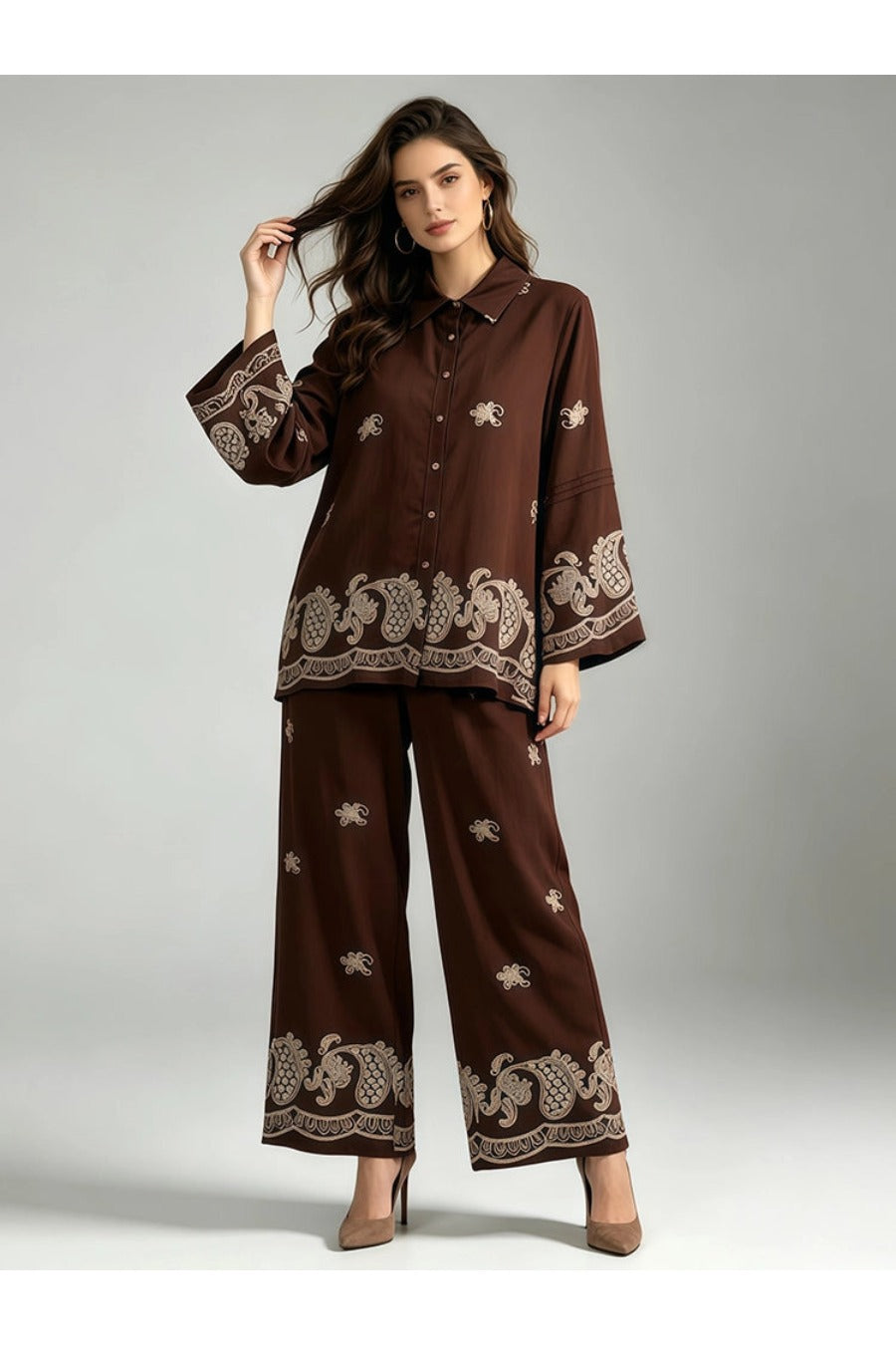 Embroidered Shirt and Elastic-Waist Wide-Leg Pants Set
