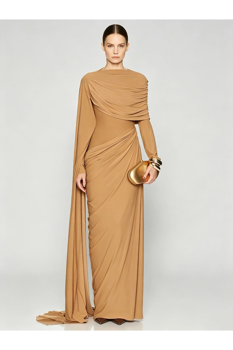 Long Sleeve Ruched Waist Luxury Dress