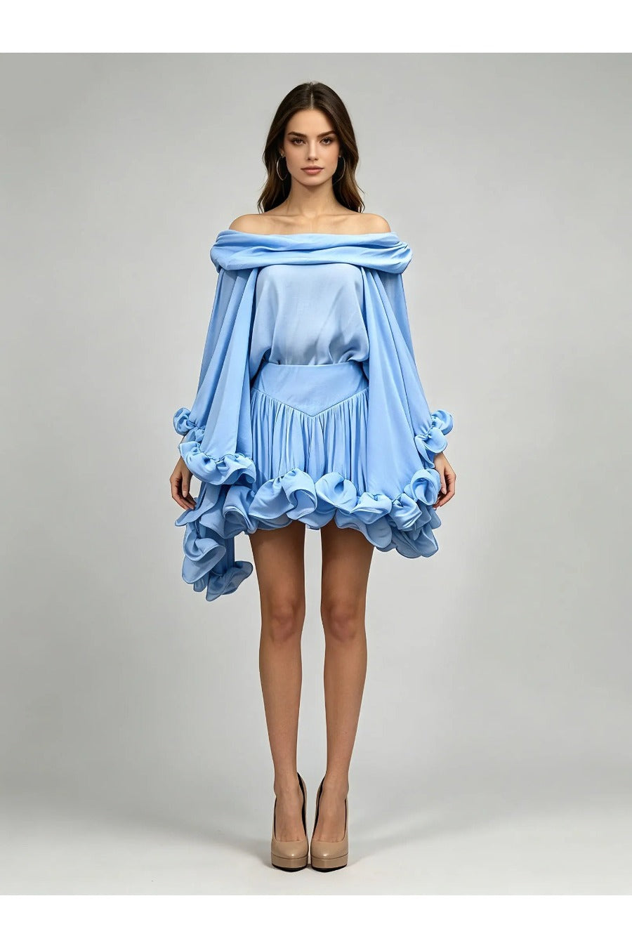 Off Shoulder Bell Sleeve Top Patchwork Ruffles Skirt Fashion Dress