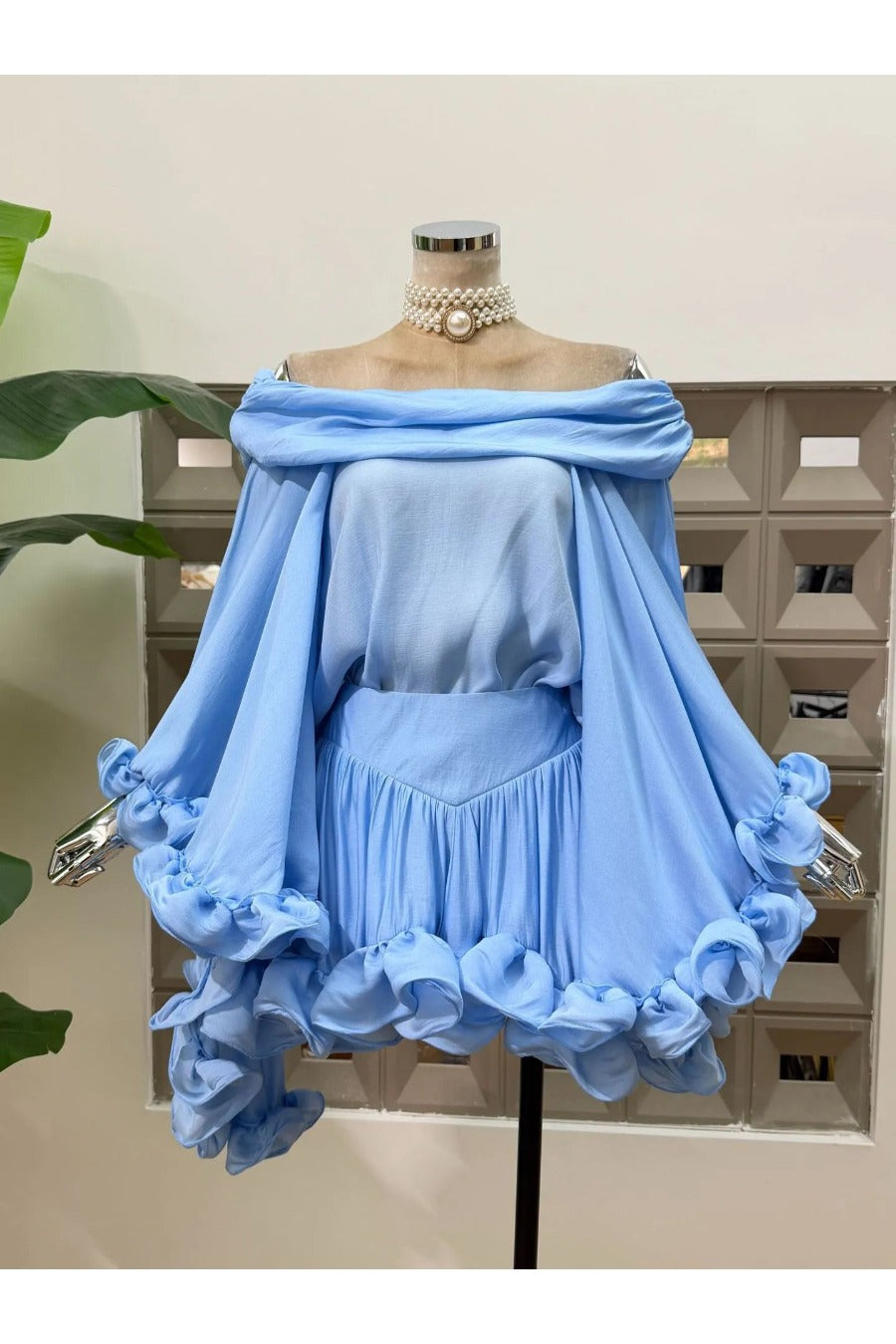 Off Shoulder Bell Sleeve Top Patchwork Ruffles Skirt Fashion Dress