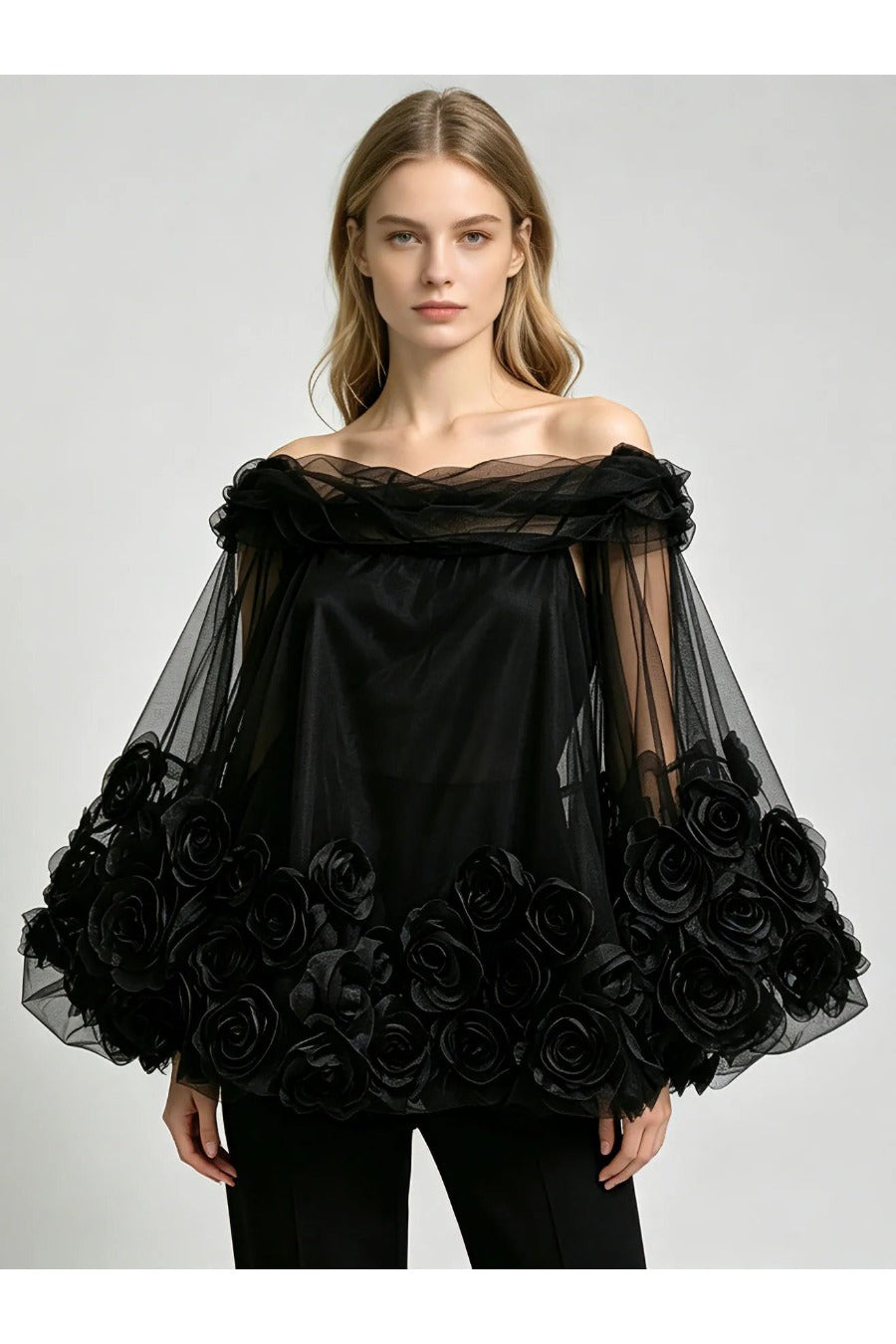 Off Shoulder Spliced 3D Flower Mesh
