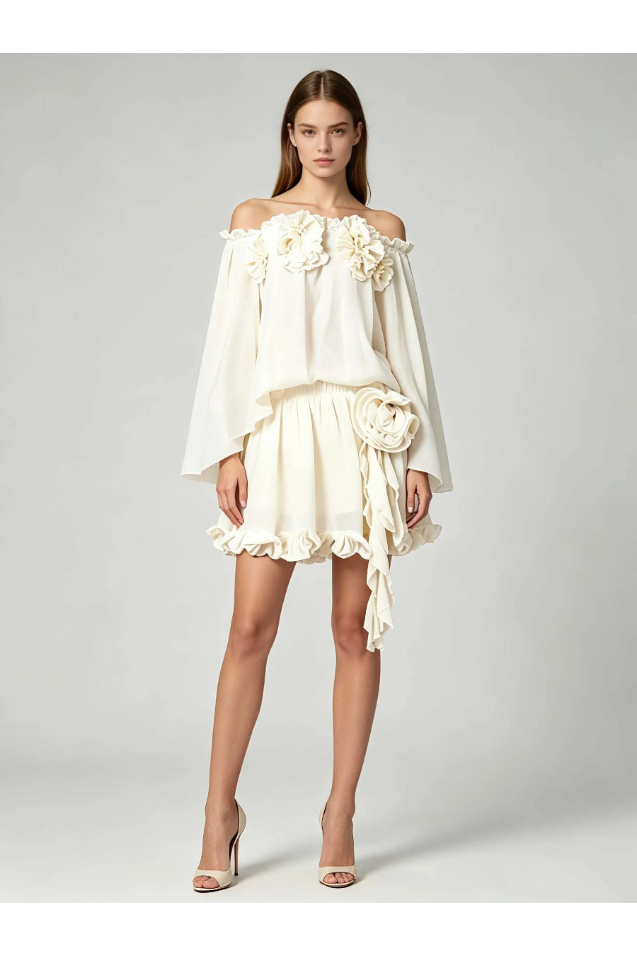 Off Shoulder Spliced 3D Flower Top High Waist Skirt Elegant Set