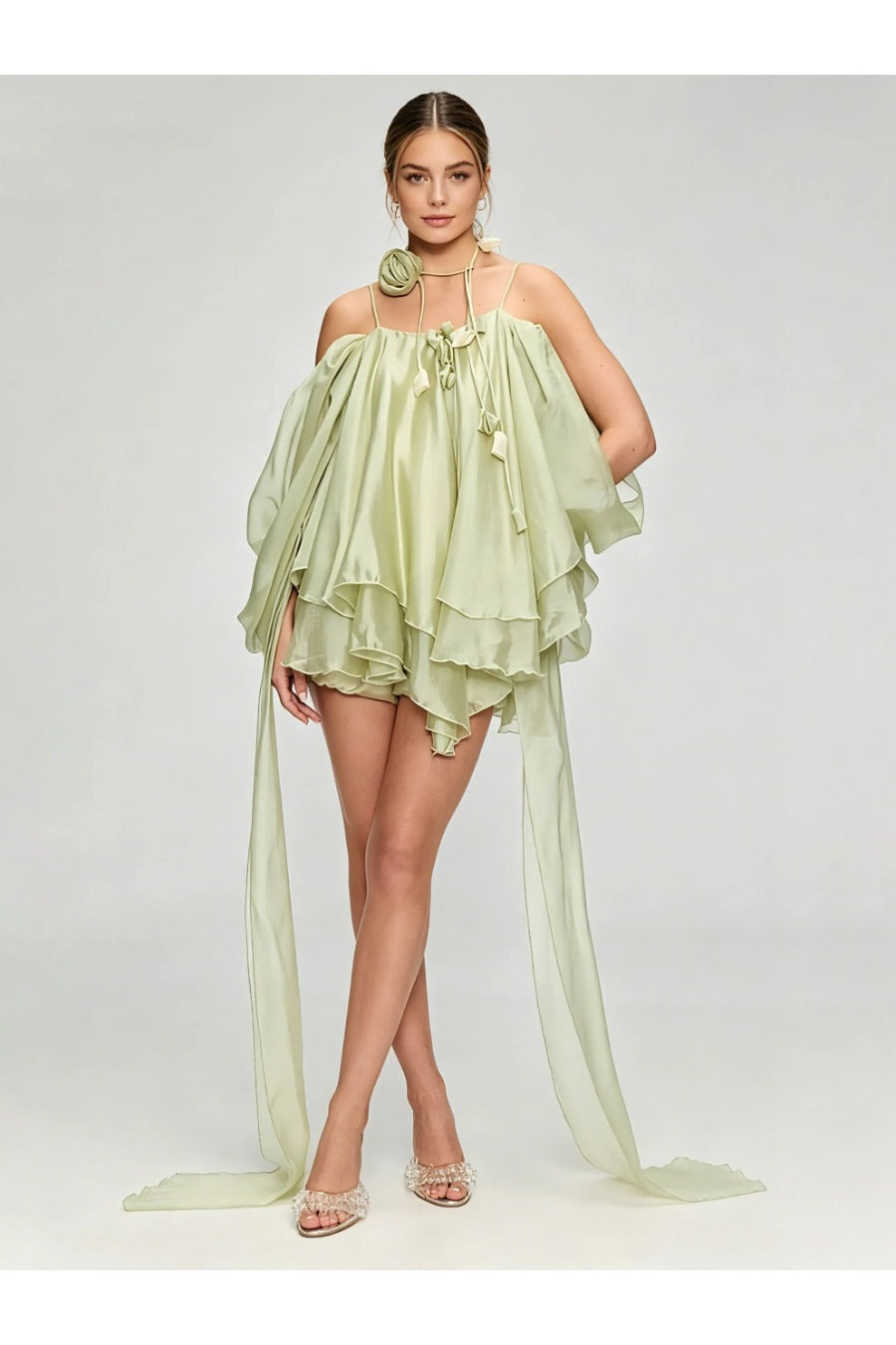 Shoulder Spliced Lace Up Elegant Dress