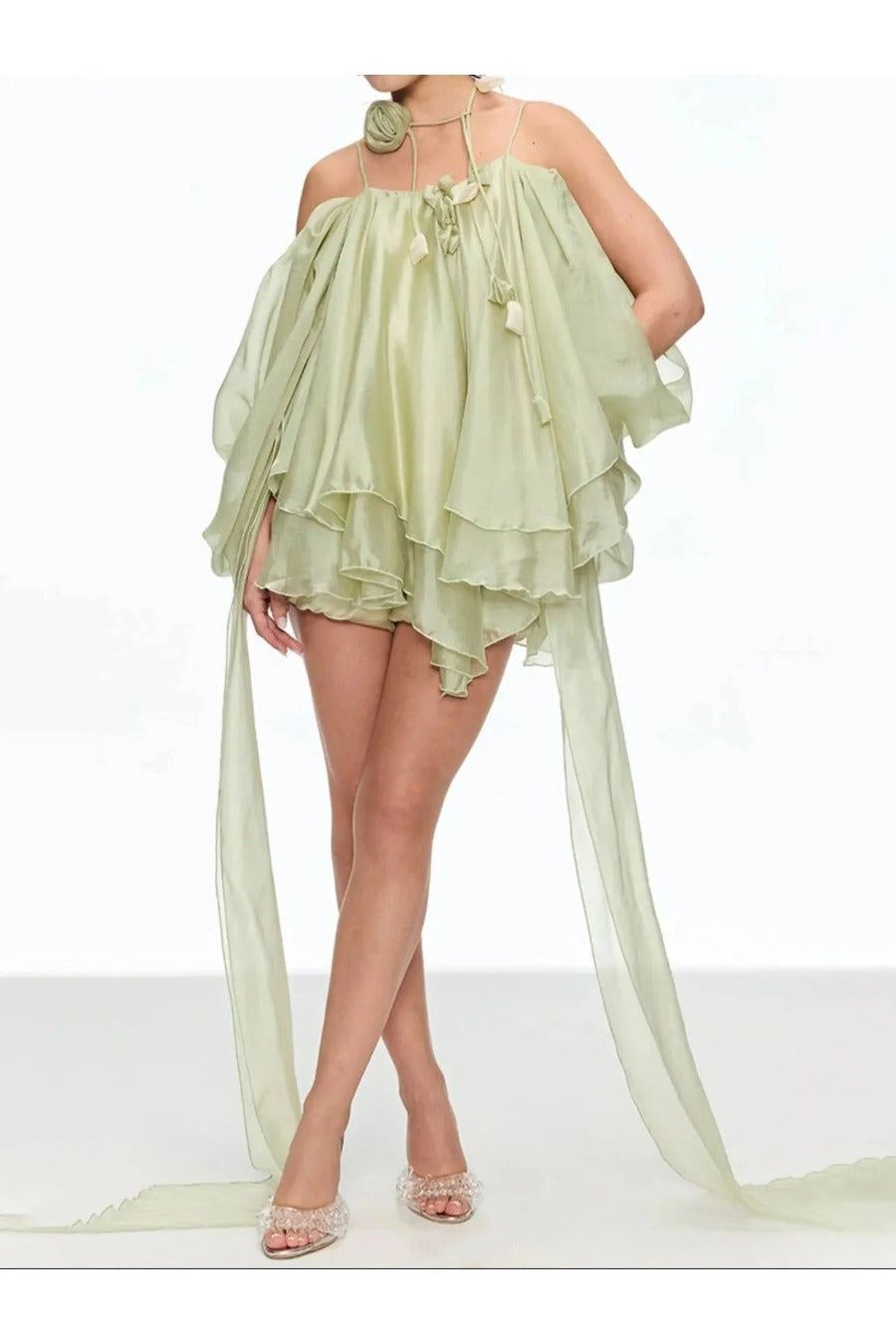 Shoulder Spliced Lace Up Elegant Dress