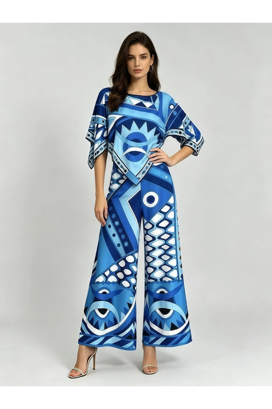 Top Geometric Print Wide Leg Pants Chic Set