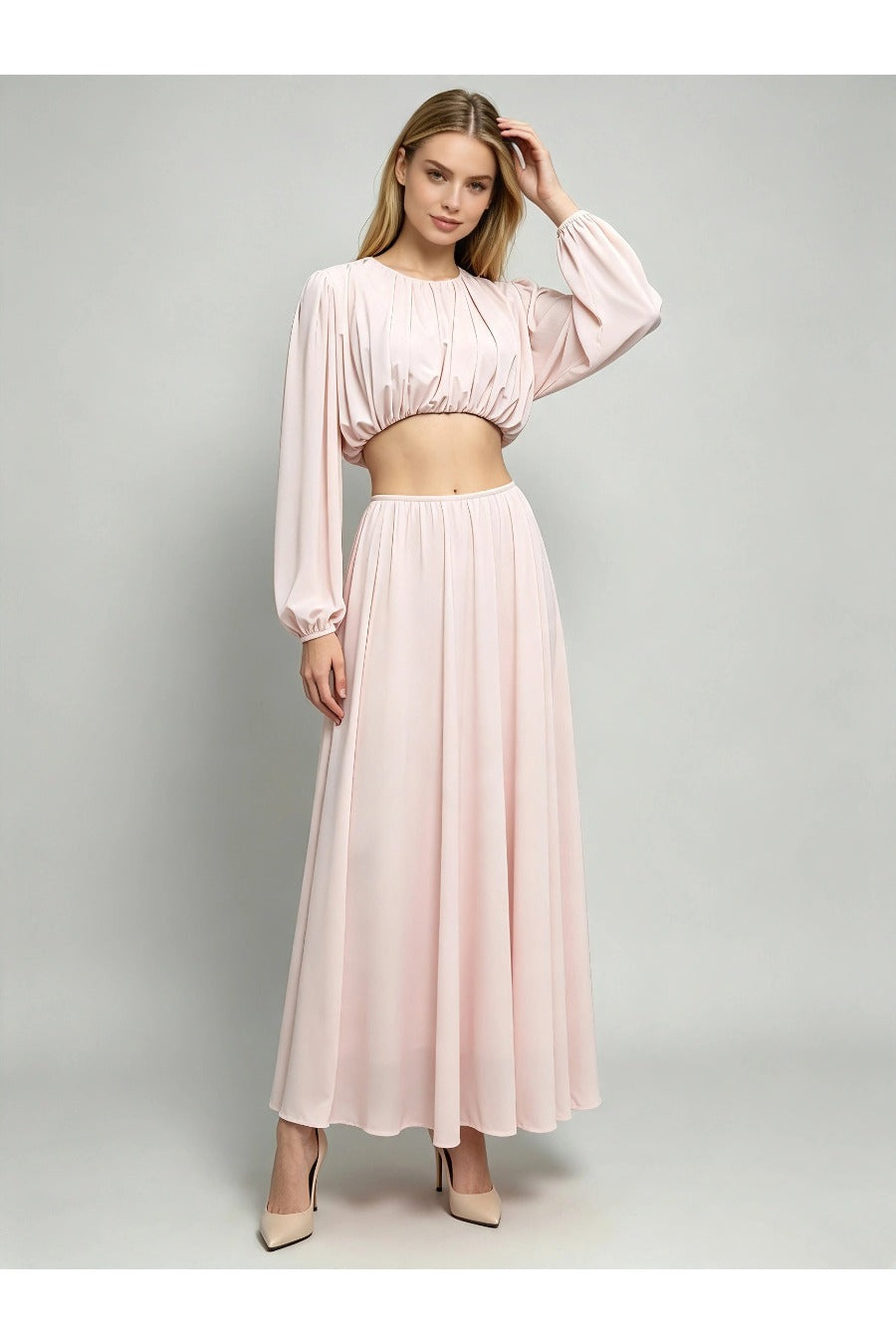 Round Neck Long Sleeve Crop Top High Waist Skirt Fashion Set