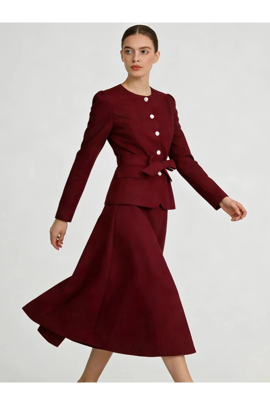 Round Neck Patchwork Button Top High Waist Skirt Set