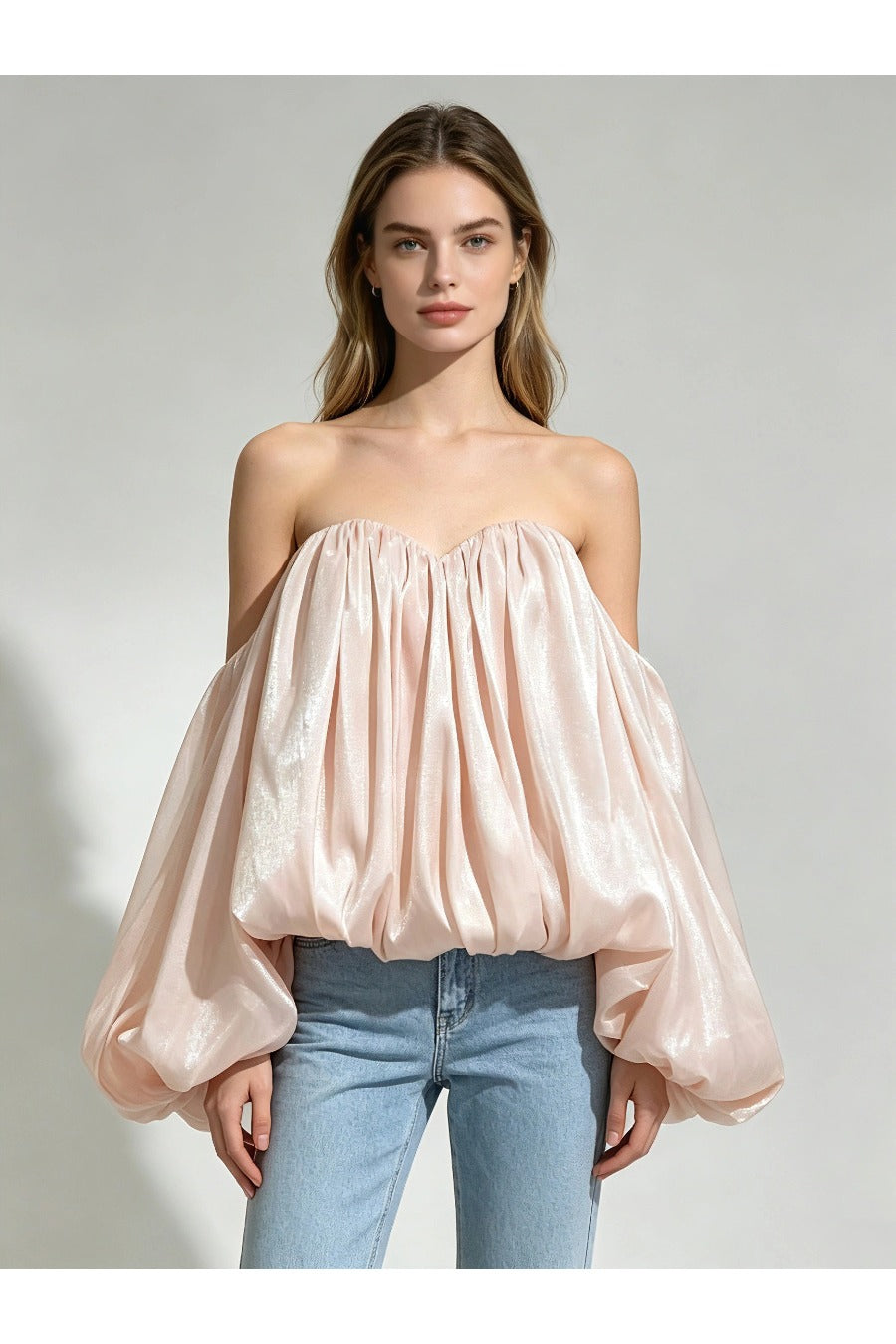 Shimmer Off Shoulder Bubble Sleeve Blouse