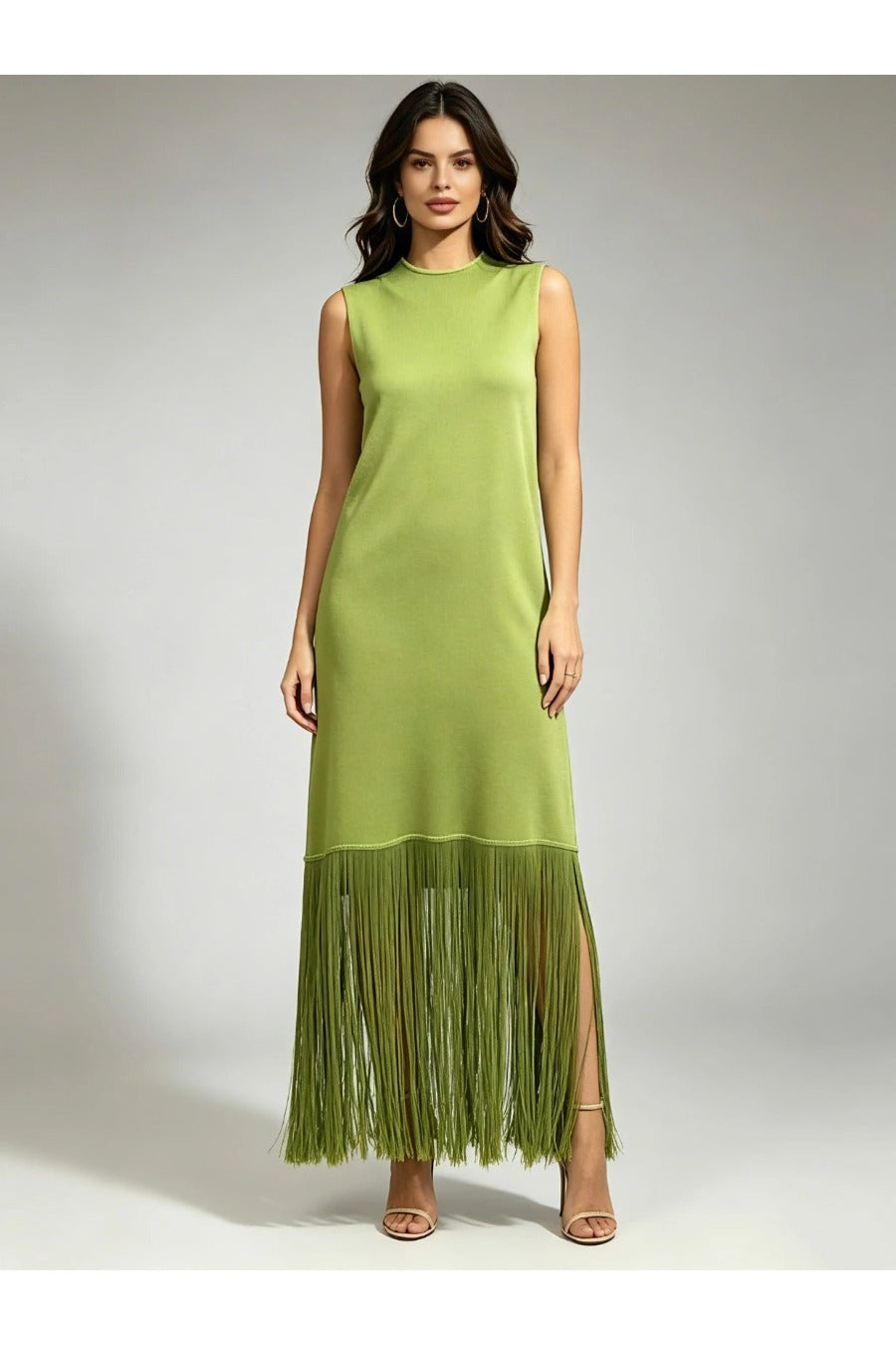 Solid Sleeveless Spliced Tassel Dress