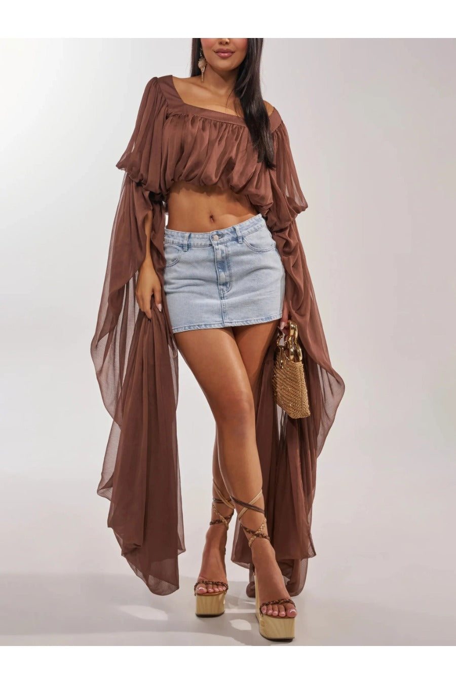 Square Neckline Long Sleeve Casual Crop Top
