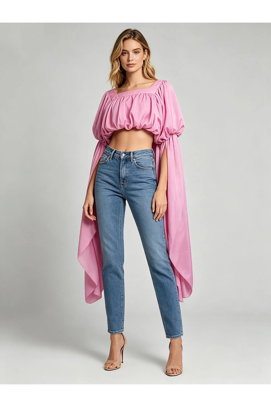 Square Neckline Long Sleeve Casual Crop Top