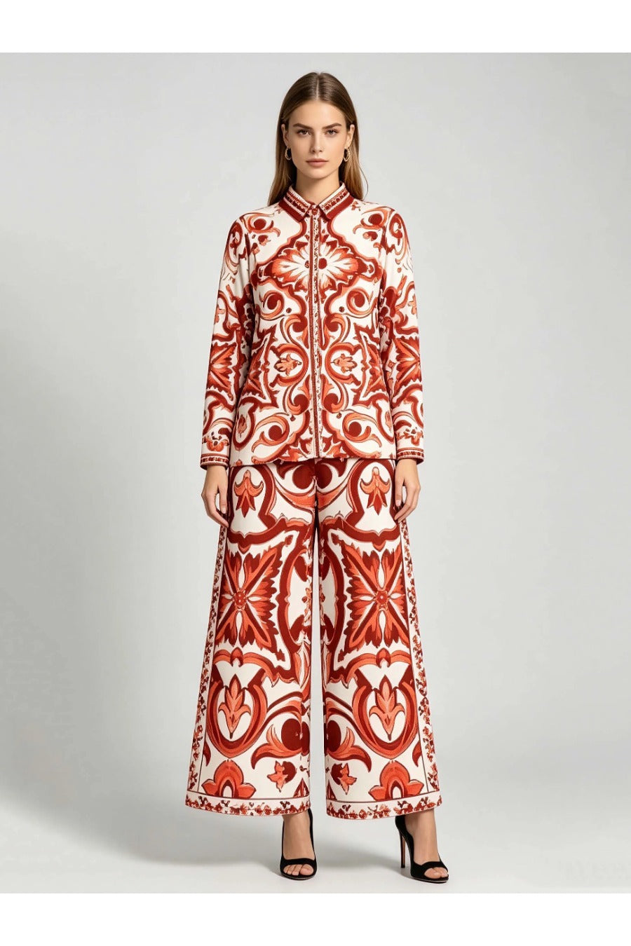 Stand Collar Hit Color Long Sleeve Coat Wide Leg Pants Set