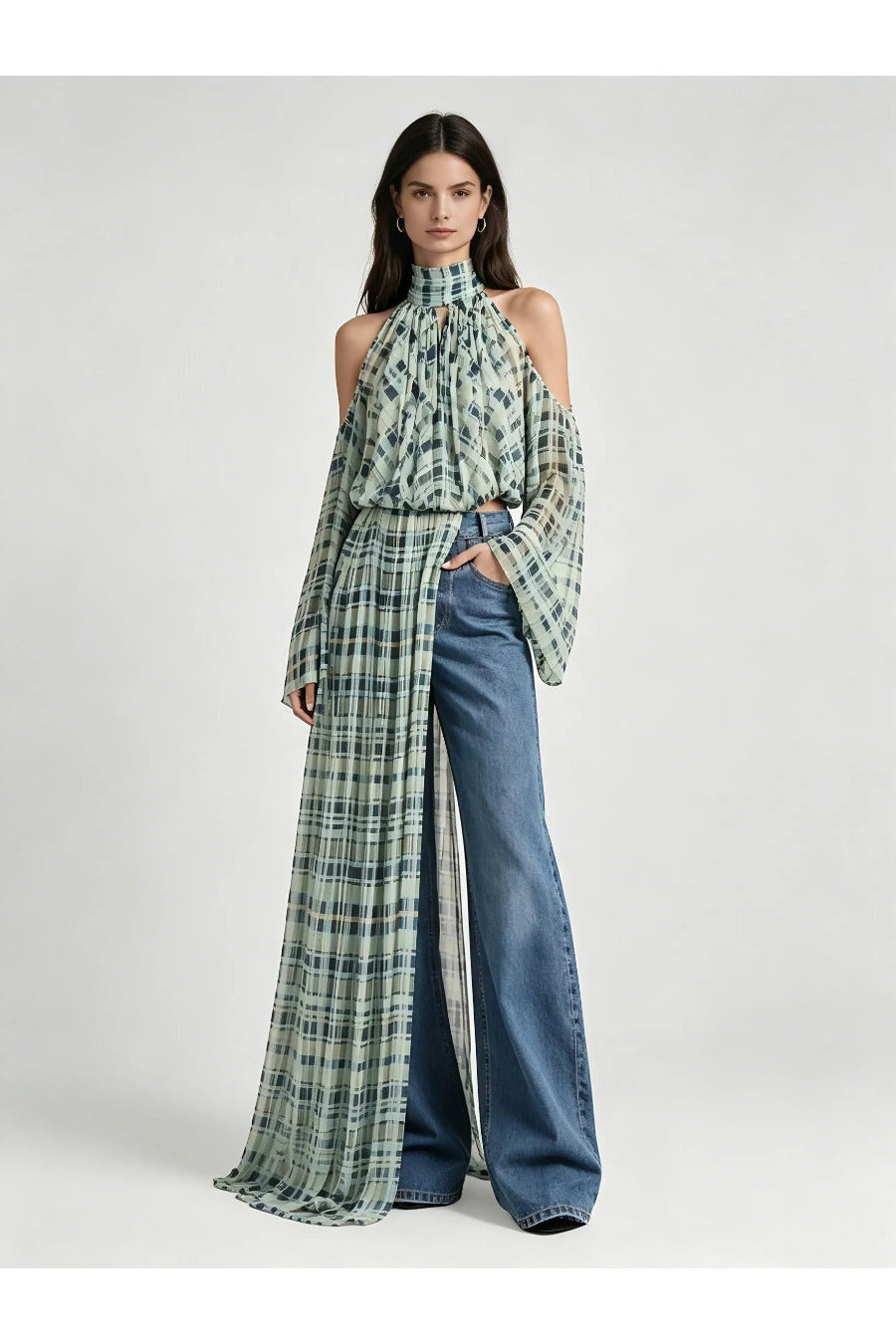 Collar Plaid Off Shoulder Top