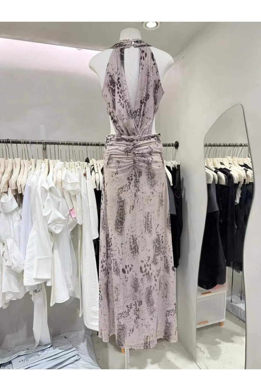 Neck Sleeveless Patchwork Shirring Slit Splashed Ink Sexy Dress