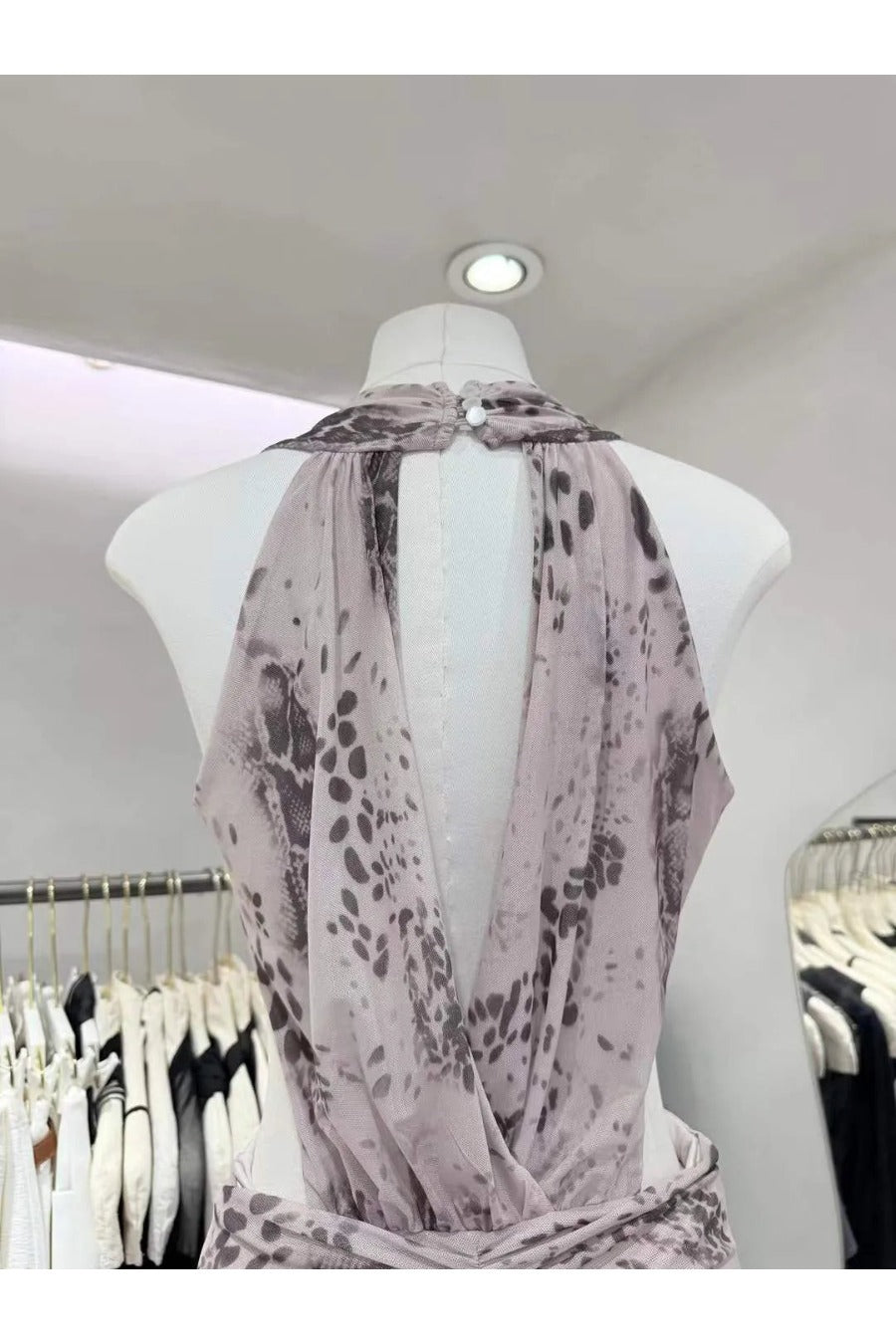 Neck Sleeveless Patchwork Shirring Slit Splashed Ink Sexy Dress