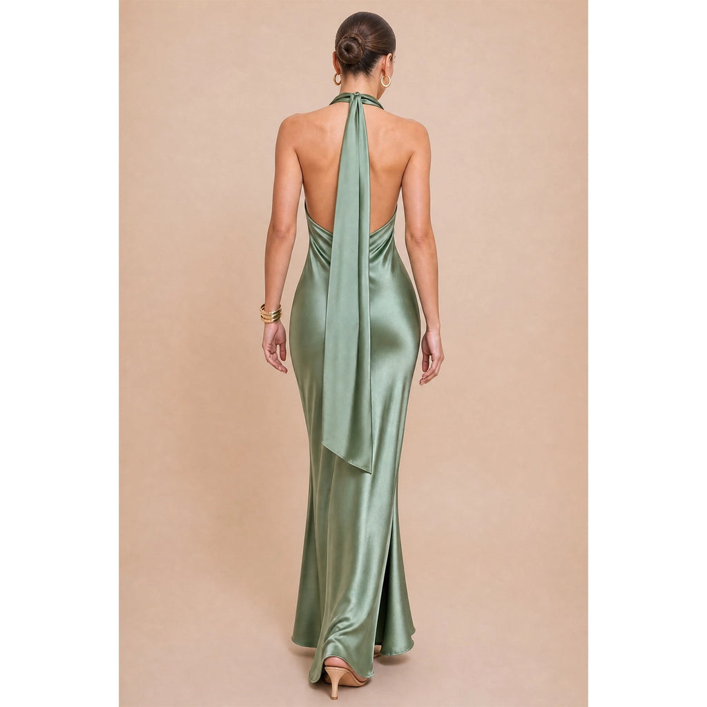 Solid Satin Halter Maxi Dress - Sage