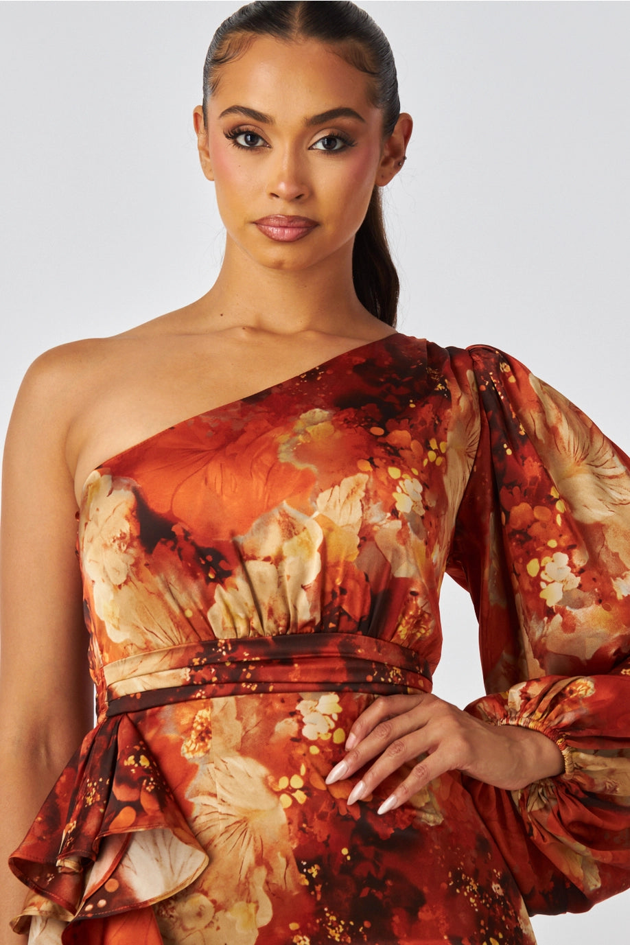 One Shoulder Printed Midi Dress