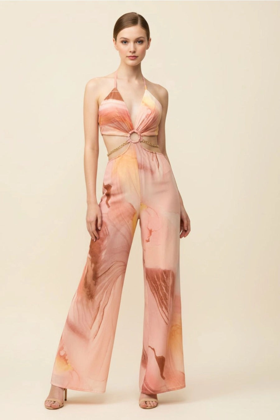 Marble Print Cutout Halter Jumpsuit