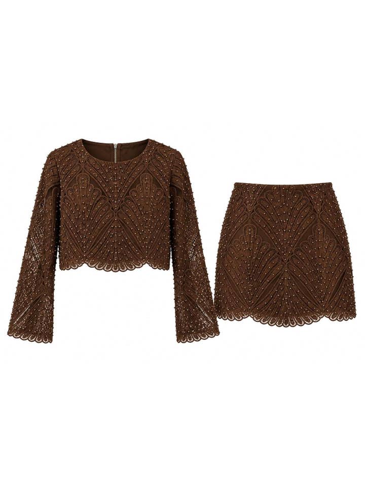 Brown embellished long-sleeve top and mini skirt set - A68705 - View 2