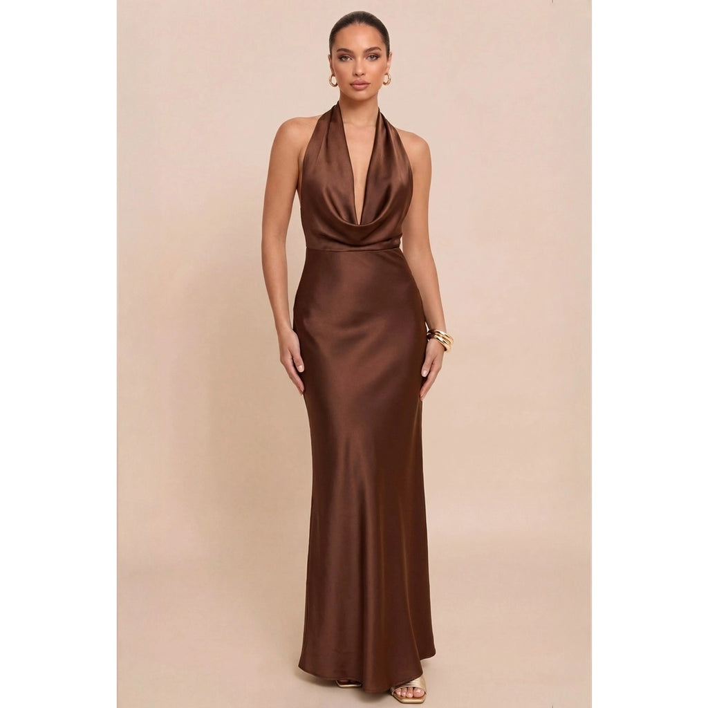 Solid Satin Halter Maxi Dress - Brown