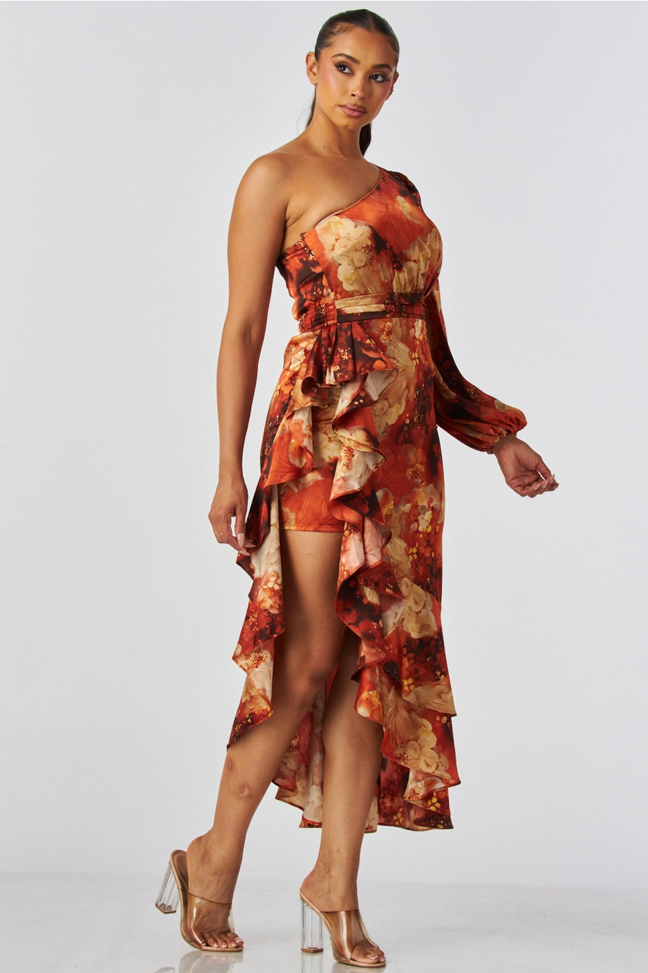 One Shoulder Printed Midi Dress