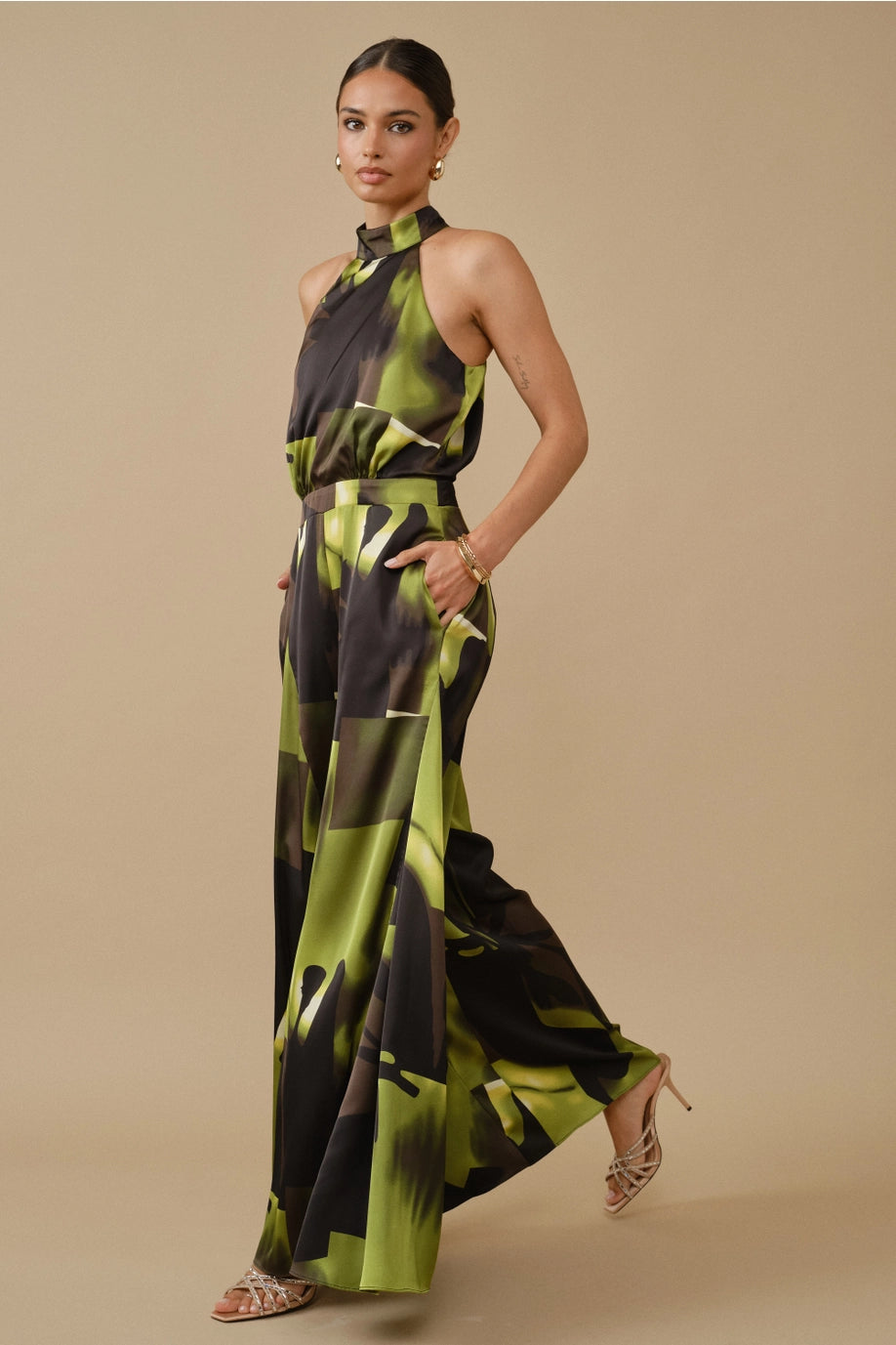 Abstract Print Halter Wide Leg Jumpsuit - Green Multi