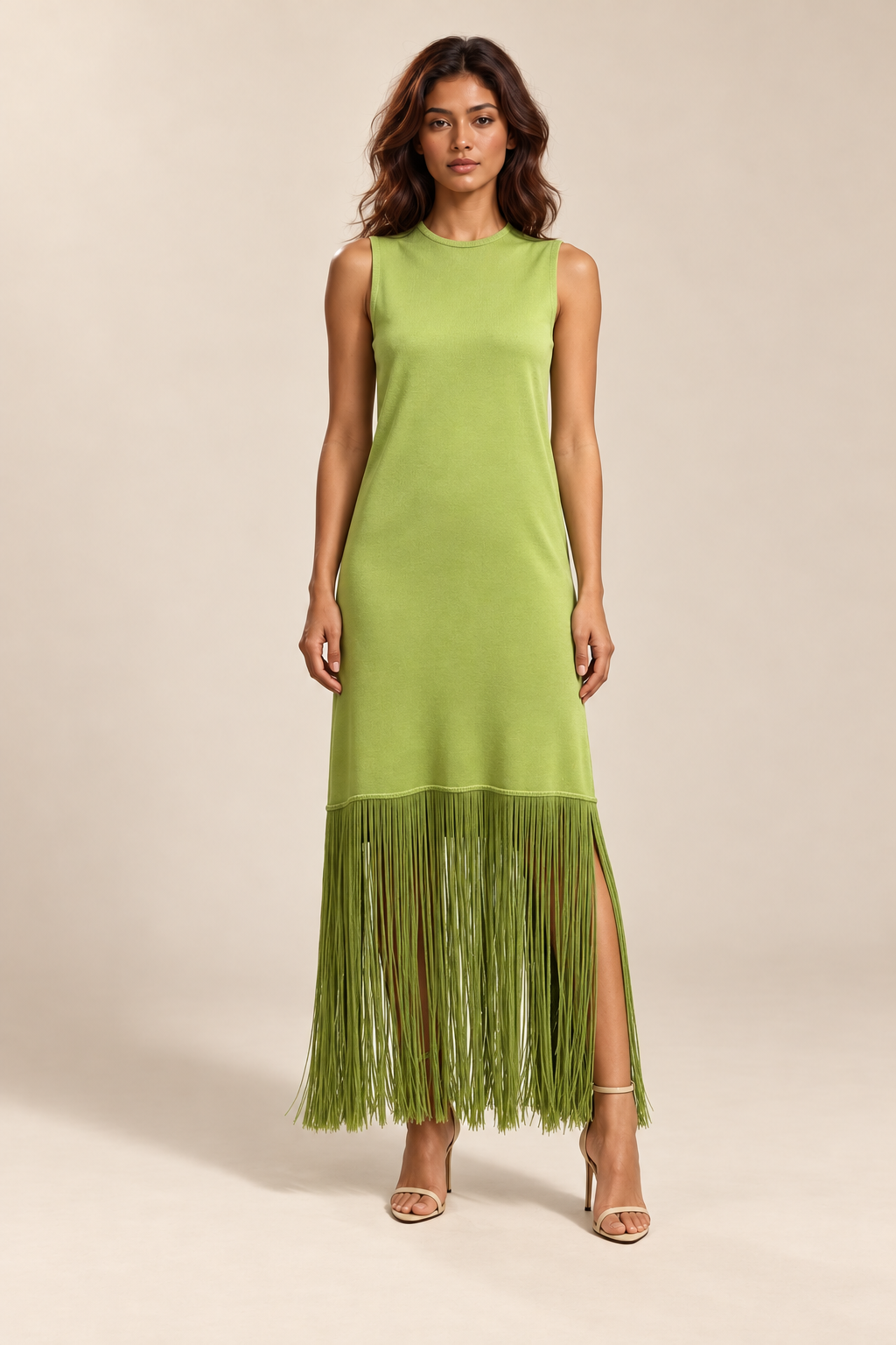 Solid Sleeveless Spliced Tassel Dress — ATTICO