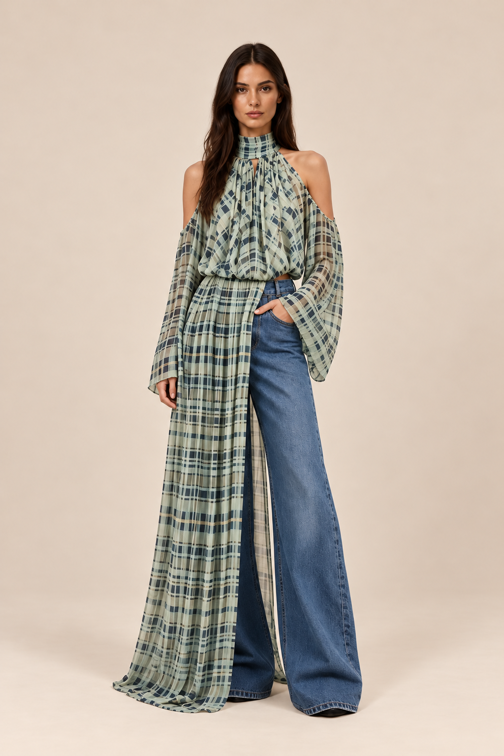 Collar Plaid Off Shoulder Top — ATTICO