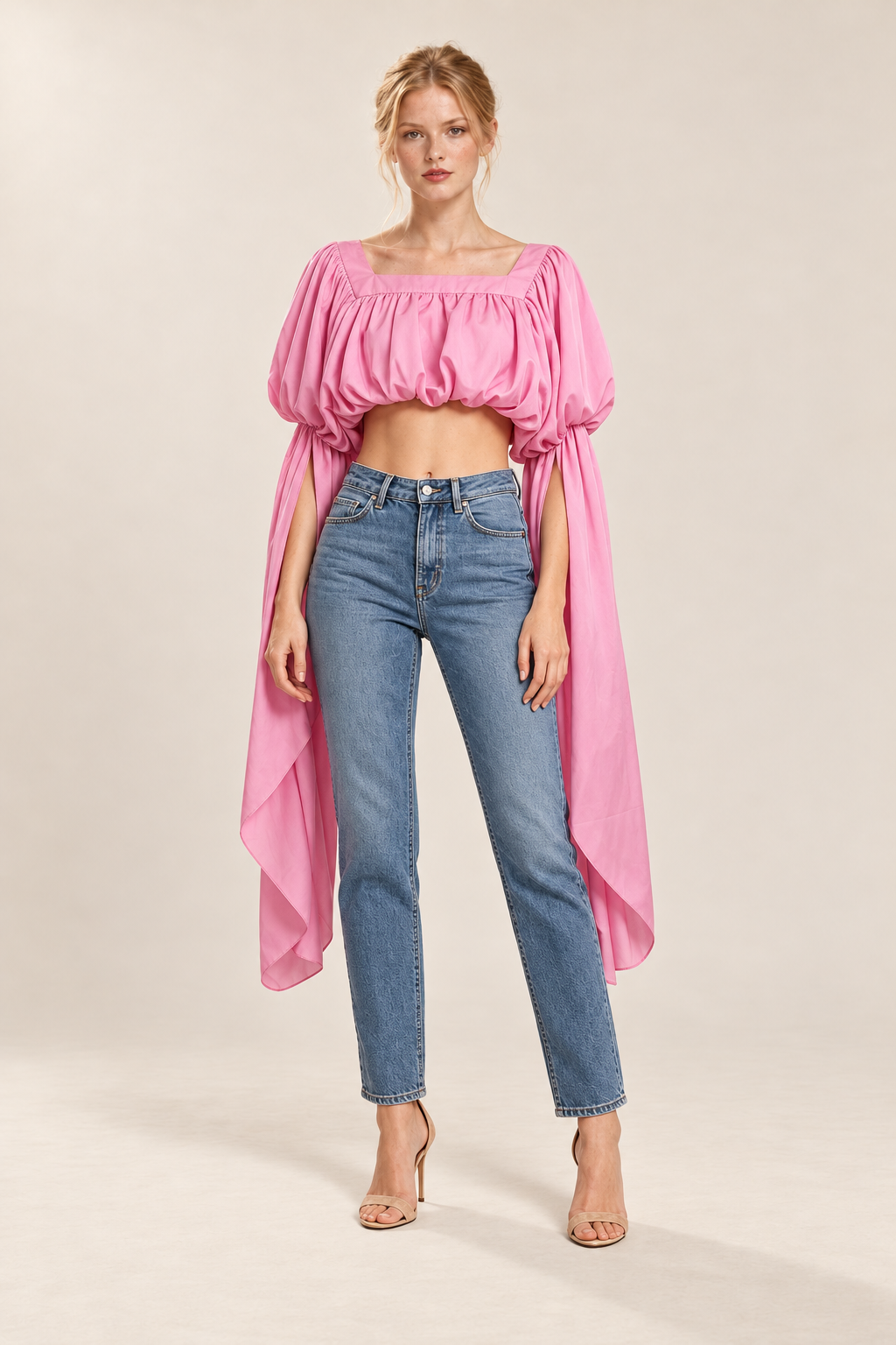 Square Neckline Long Sleeve Casual Crop Top — ATTICO