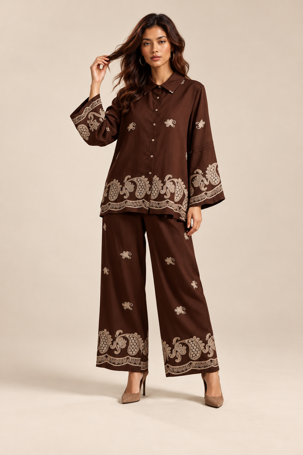 Embroidery Shirt Elastic Wide Leg pants — ATTICO