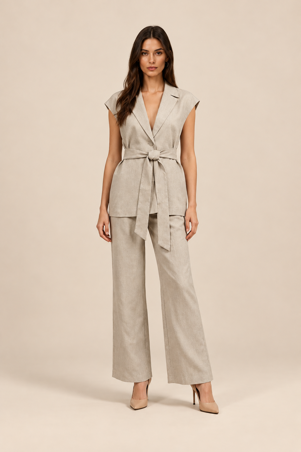 Lapel Sleeveles Patchwork Lace Up Loose Pants Fashion Set — ATTICO