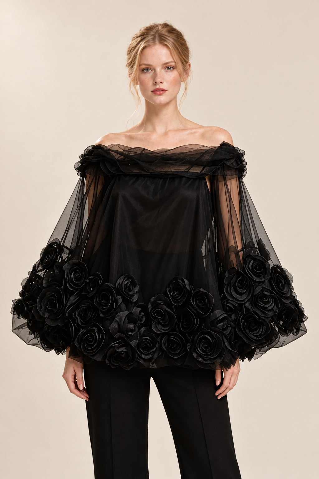 Off Shoulder Spliced 3D Flower Mesh — ATTICO