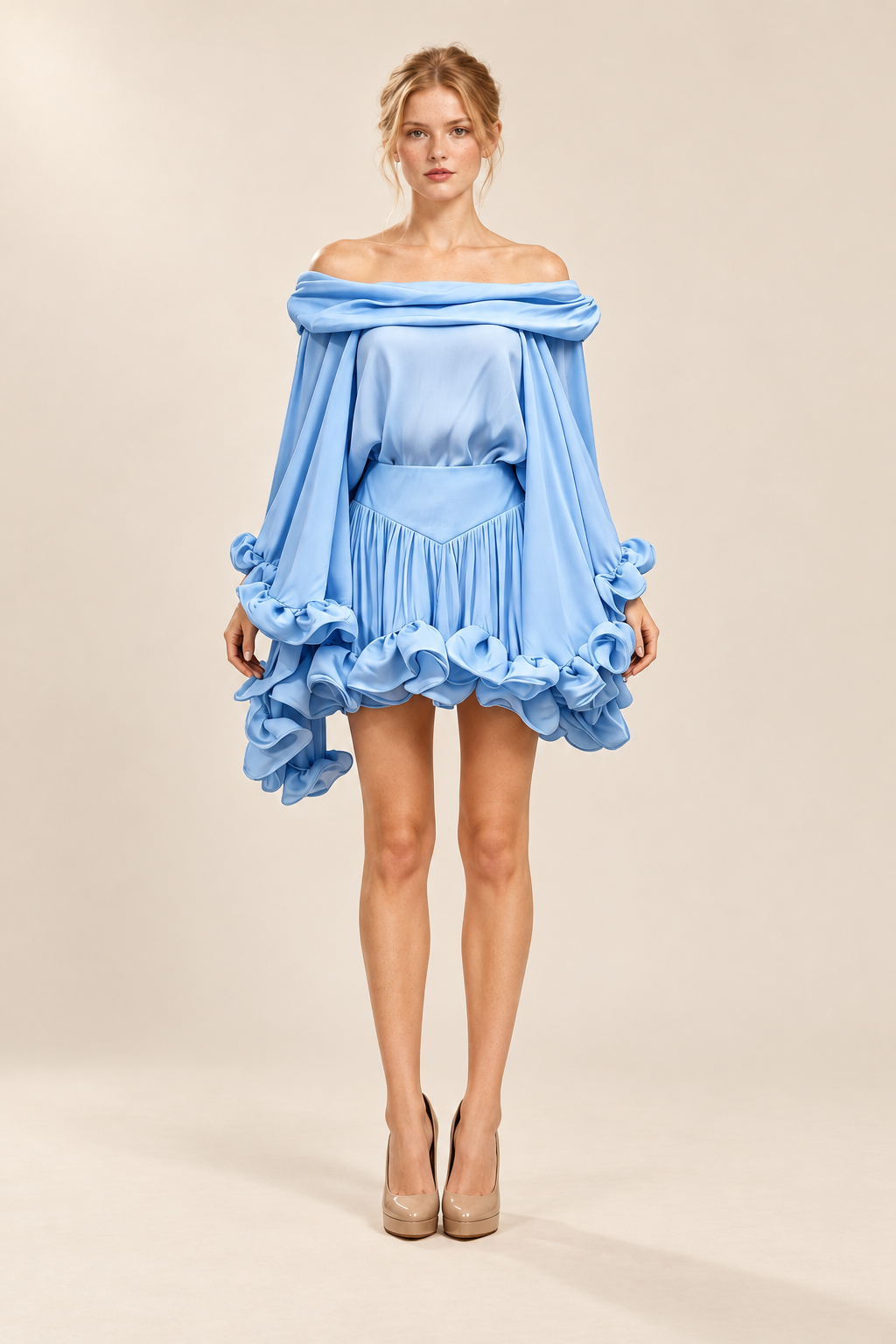 Off Shoulder Bell Sleeve Top Patchwork Ruffles Skirt Fashion Dress — ATTICO