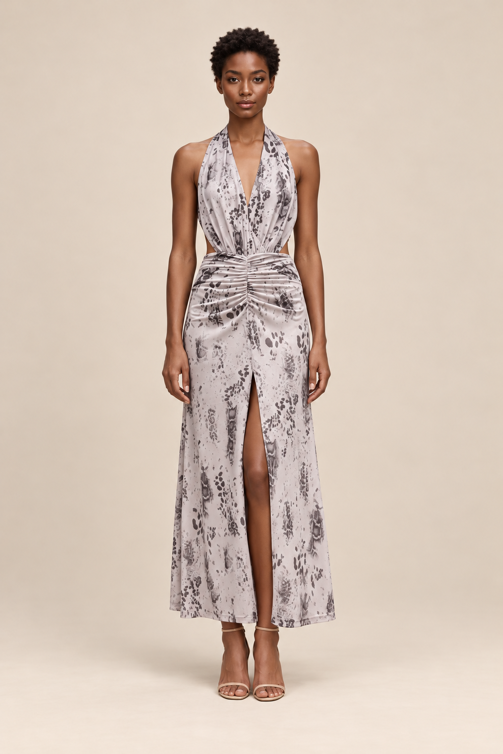 Neck Sleeveless Patchwork Shirring Slit Splashed Ink Sexy Dress — ATTICO