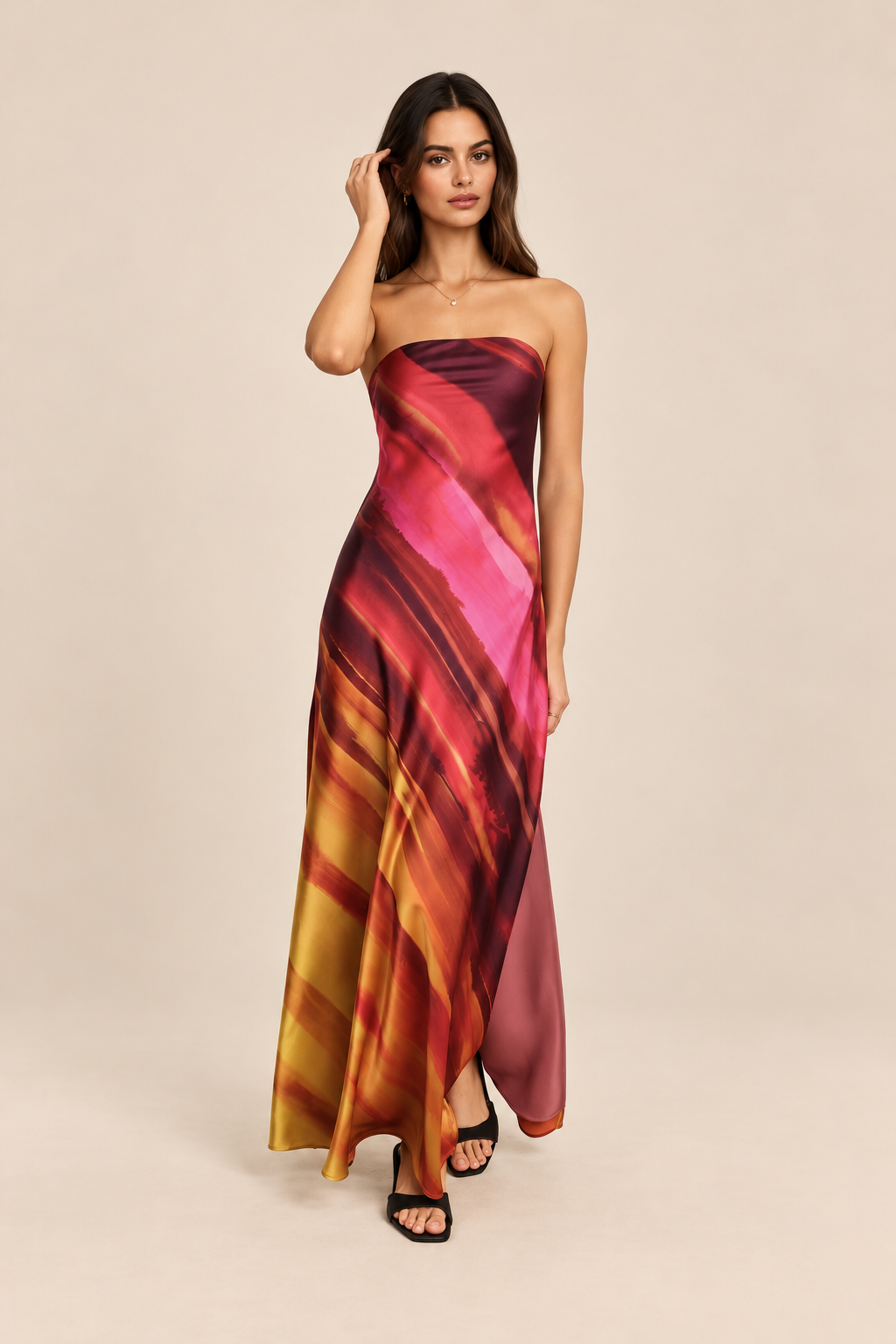 Watercolor Stripe Satin Strapless Bias Cut Maxi Dress — ATTICO