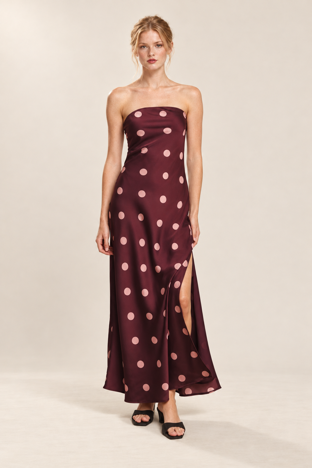 Polka Dot Satin Strapless Maxi Dress — ATTICO