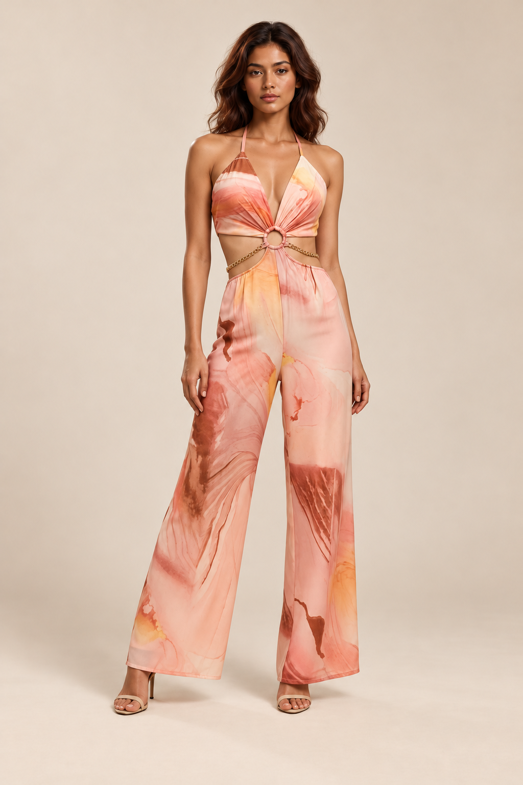 Marble Print Cutout Halter Jumpsuit — ATTICO
