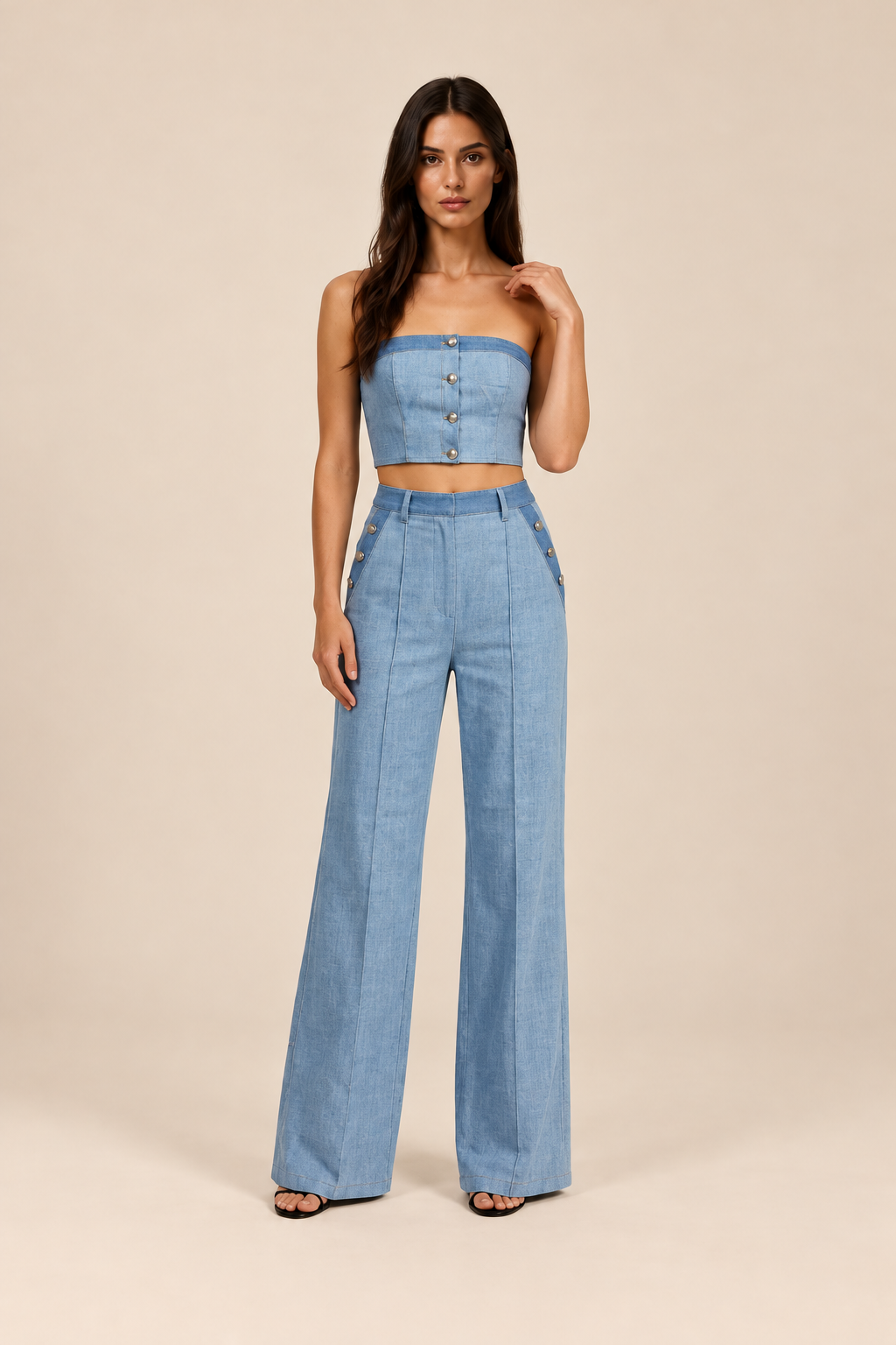 Denim Tube Top and Wide Leg Pants Set — ATTICO